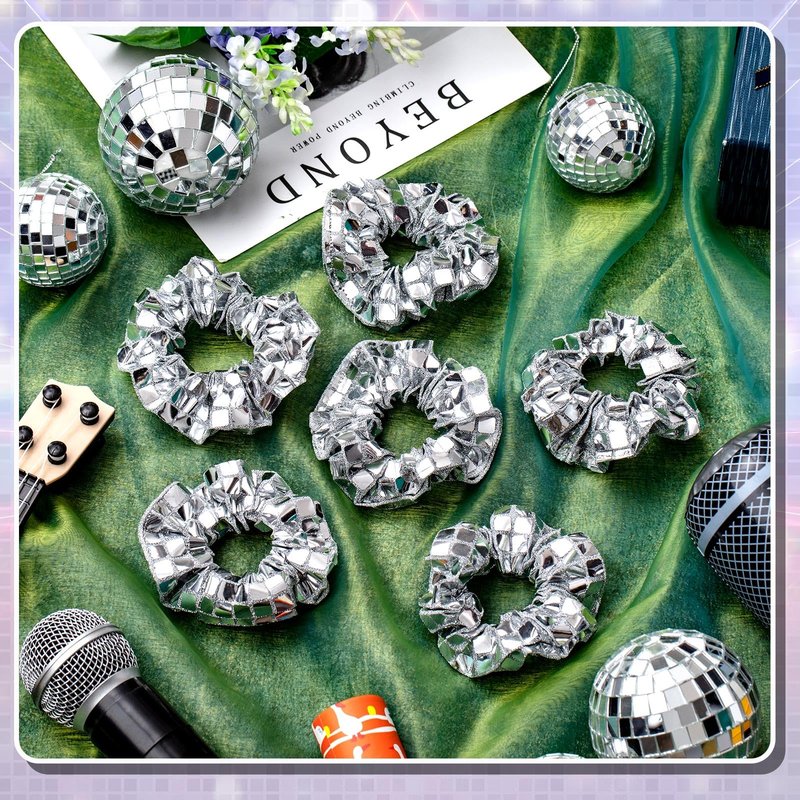 Lyrow 24 Pack Disco Ball Party Favors Sequin Bulk Hair Scrunchies Silver Shiny Glitter Sparkle Disco Metallic Accessories for 80s 90s Gift Birthday Western Bridal Shower Bachelorette (Silver)