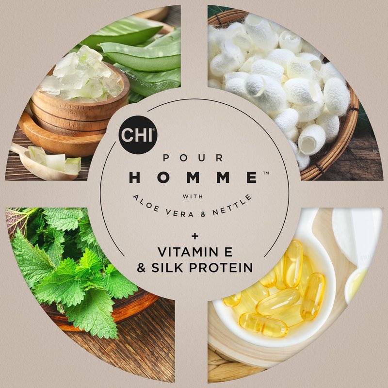 CHI Pour Homme 3-in-1 Hair, Face & Body Wash for Men, Sulfate-Free Cleansing & Moisturizing Shampoo, Fresh Woody Scent, Aloe Vera & Nettle-Infused Grooming Cleanser, 25 oz