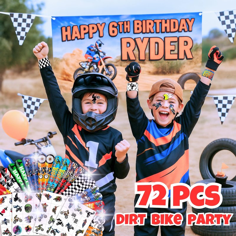 72 PCS Dirt Bike Party Favors - 48 Temporary Pre-Cut Tattoos & 24 Slap Bracelets - Fun Party Favors for Boys & Girls, Birthday Goodie Bag Fillers, Baby Shower Gifts, Classroom Rewards