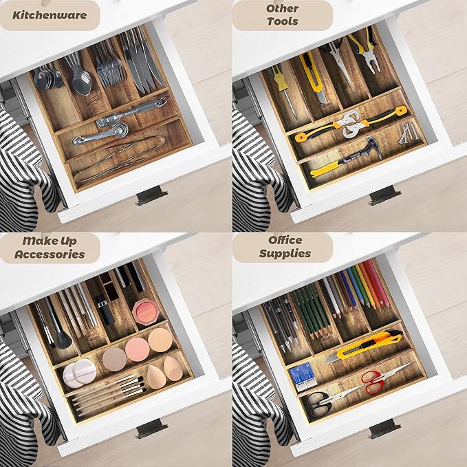 Acacia Wood Silverware Organizer, Kitchen Utensil Drawer Organizer for Forks, Knives & Spoons, 6-Compartment Cutlery Tray, Flatware Holder