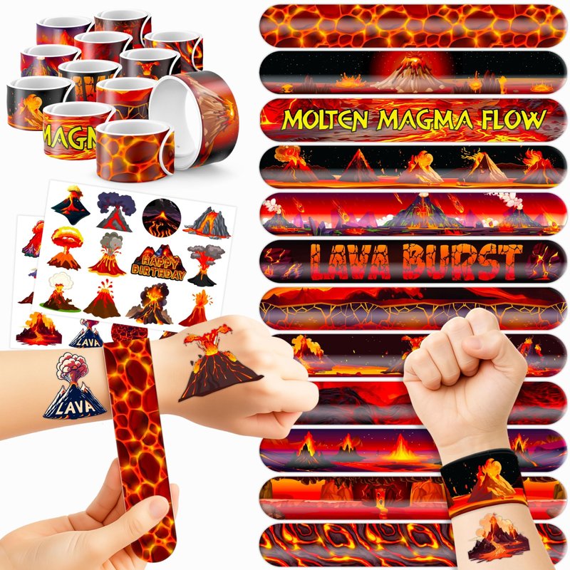 Cherisnowy 48PCS Volcano Party Set - 24PCS Temporary Tattoos & 24PCS Slap Bracelets - Fun Birthday Supplies, Baby Shower Gifts, Classroom Rewards & Volcano-Themed Decor for Kids (Boys & Girls)