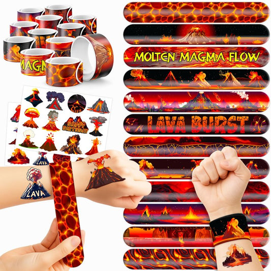 Cherisnowy 48PCS Volcano Party Set - 24PCS Temporary Tattoos & 24PCS Slap Bracelets - Fun Birthday Supplies, Baby Shower Gifts, Classroom Rewards & Volcano-Themed Decor for Kids (Boys & Girls)