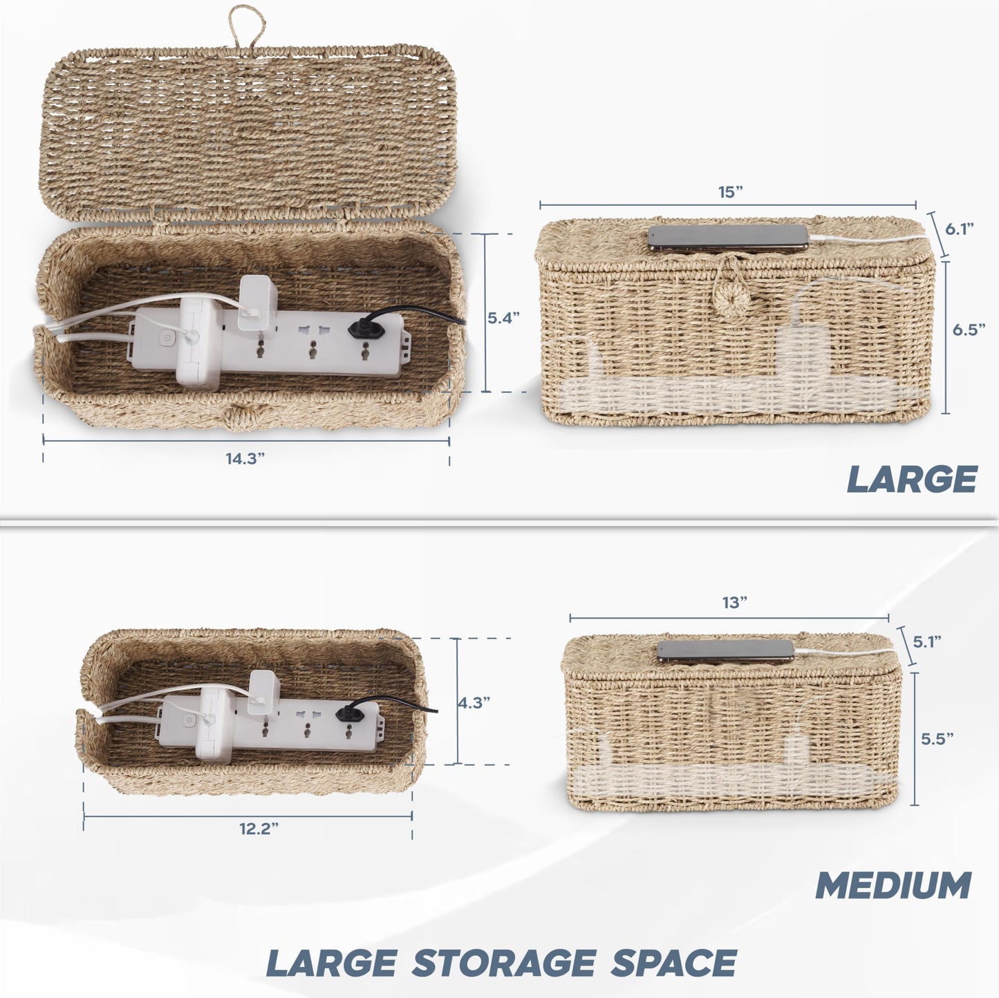 2-Pack Large Cable Management Box, Natural Rattan Cable Cord Organizer Boxes for Power Strip – 2 Open Slots Cords Hider Box for TV Wires, Computer, Router, USB Hub and Under Desk Power Strip