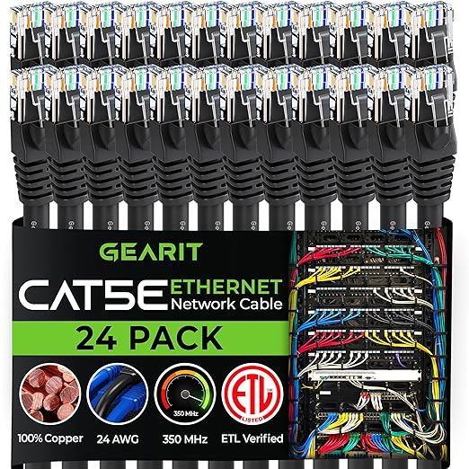 GEARIT 24-Pack, Cat5e Ethernet Patch Cable 1 Foot - Snagless RJ45 Computer LAN Network Cord, Black