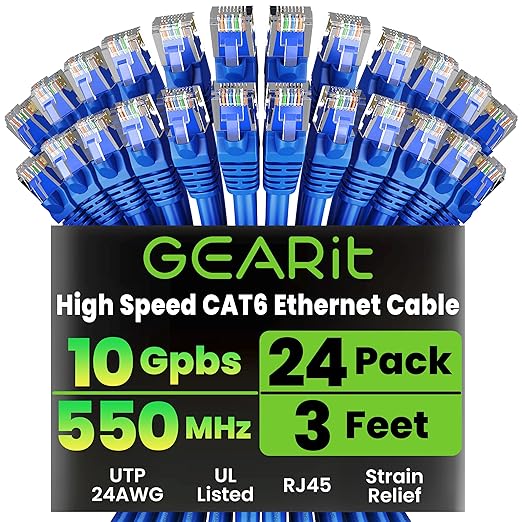 GEARit Cat 6 Ethernet Patch Cable 3 ft Blue (24-Pack Cat6 Ethernet Patch Cables 3ft), Cat 6 High Speed 24AWG 10Gbps RJ45 Snagless Gold-Plated, Ethernet Cable for Router, Switch, PC, PS5 Gaming, Server