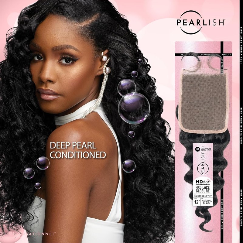 Sensationnel Pearlish Bundle - 4x5 Closure Euro Deep 12 Inch HD Lace Human Hair Weave | Soft Remy Natural Black