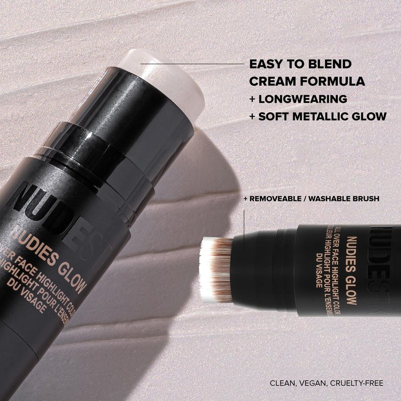 Nudestix Nudies Glow Highlighter Stick – Multi-Use Cream Highlighter for Cheeks, Eyes & Body with Built-In Brush | Dewy, Radiant Finish | Clean, Vegan & Travel-Friendly Makeup (Bubbly Bebe)