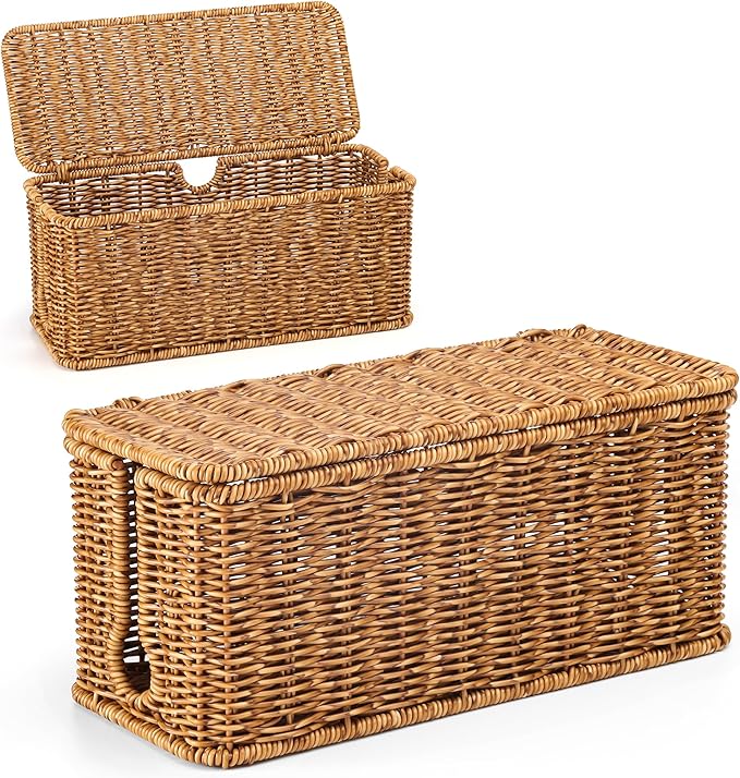 ZhiYo Rattan Cable Management Box, Speckled Brown, 12.5" x 5" x 5.2"