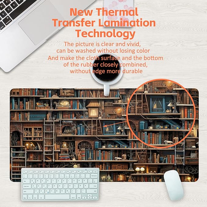 KOAIWPAE Desk Pad, Fantasy Shelves Desk Mat, Shelves Full of Books Large Gaming Mouse Pad for Desk, 31.5"x15.7" Extended Big Computer Keyboard Mouse Pad with Non-Slip Base and Stitched Edge