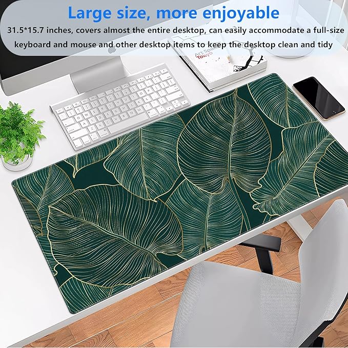 Luxury XXL Desk Mat 31.5x15.7 Emerald Green Gold Leaf Mouse Pad