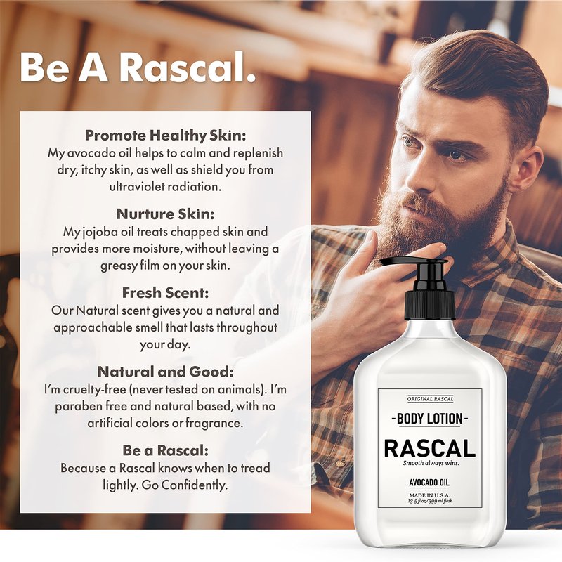Rascal Body Lotion for Men - Avocado Oil & Jojoba Oil 13.3 Ounce