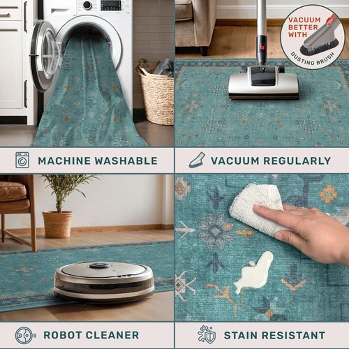 Boho Non-Slip Kitchen Runner Rug - Machine Washable Vintage Carpet in Floral Aqua Blue (2x8 ft)