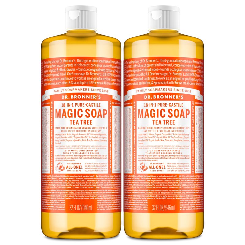 Dr. Bronner's Pure-Castile Magic Soap Liquid (Tea Tree, 32 ounce, 2-Pack) - Made with Regenerative Organic Certified Oils, 18-in-1 Uses: Body, Hair, Laundry & Dishes, Concentrated, Vegan, Non-GMO