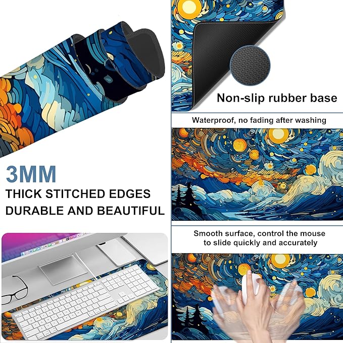 NITAHHHY Large Mouse Pad Starry Sky Gaming Desk Pad Computer Keyboard Non-Slip Waterproof Mouse Mat with Rubber Base and Stitched Edges Entertainment Office Writing Desk Mat 35.4 x 15.7 Inches