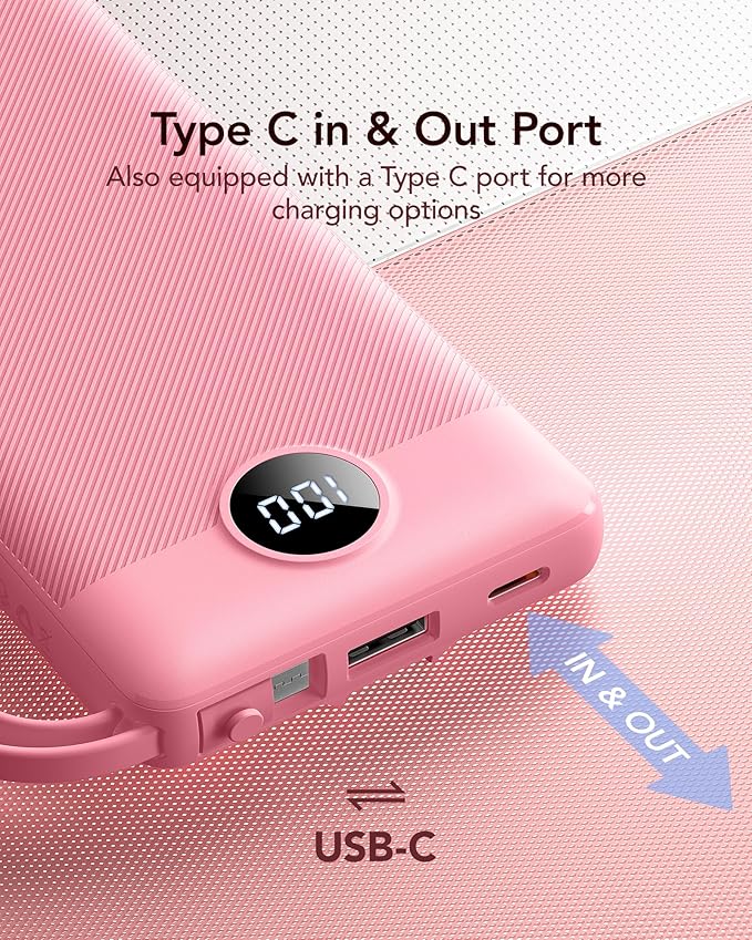 VRURC Portable Phone Charger, Travel Portable Charger with 4 Cables, 5 Outputs Slim USB C Power Bank for Hiking Camping Business, Built-in Cables for Multi Devices,Android-Barbie Pink(1 Pack)