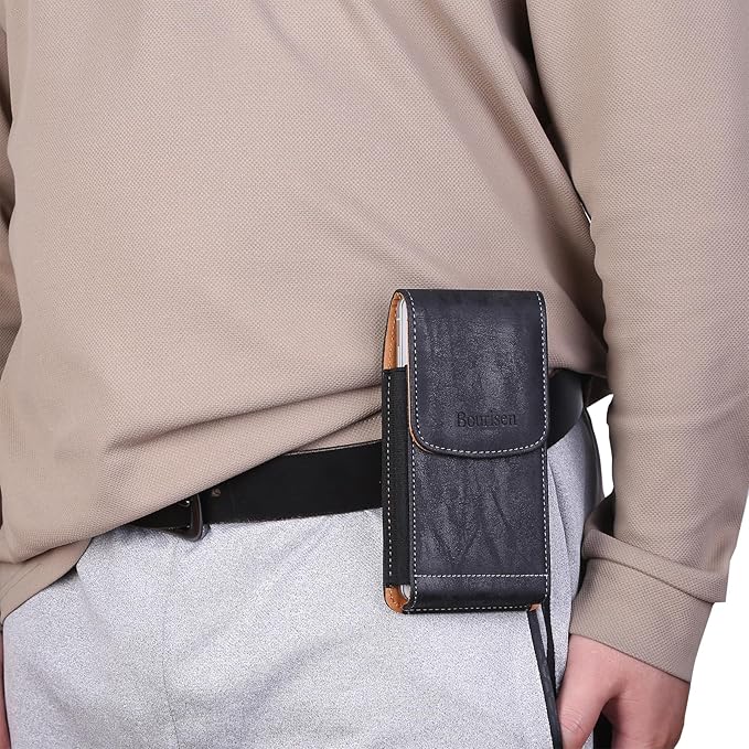 Bourisen Universal Phone Holster Phone Pouch Case Belt Clip Belt Loops Card Slot Faux Leather for Man iPhone 17/16/15pro max,16/15Plus,Samsung S25 24 S23 S22 Ultra (Black&Yellow, XL(6.6"x3.4"x0.8"))