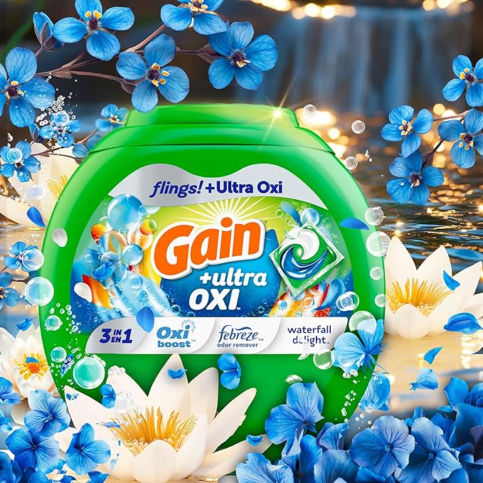 Gain Flings Ultra Oxi Laundry Detergent Pacs, 112 Count, Waterfall Delight Scent, with Odor Defense, concentrated laundry soap pacs