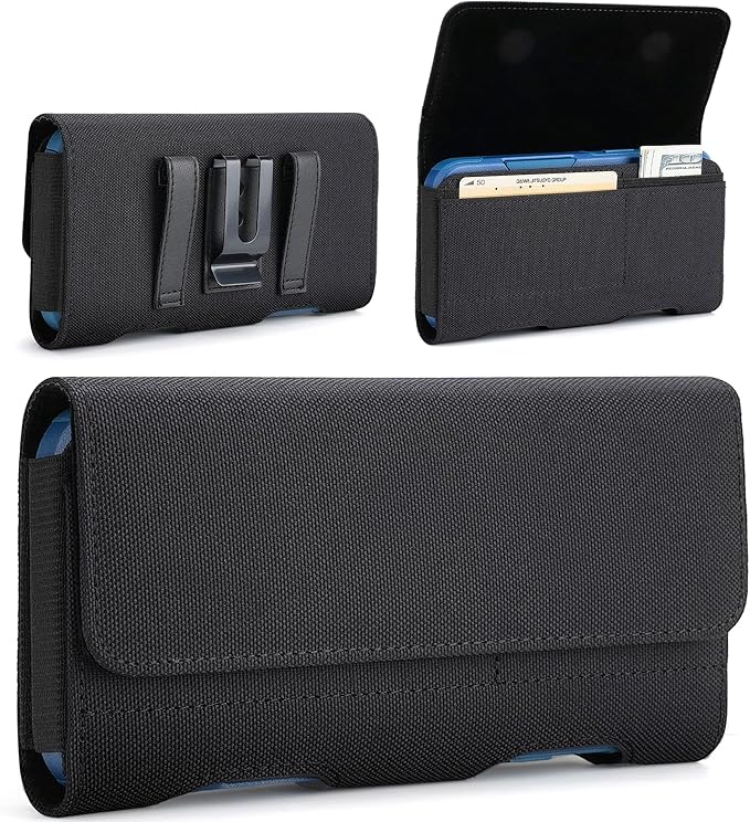 Mopaclle Nylon Phone Holster with Heavy Duty Metal Belt Clip and Card Holder, Compatible with iPhone 17/16/15/14/13/12 Pro and Samsung Galaxy S26/S25/S24/S23/S22/S21/S20 - Black