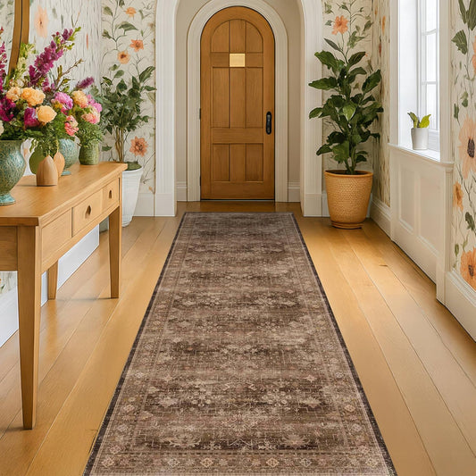 Skiennix Brown Washable Runner Rug - Non-Slip Rubber Backing | 2'6"x8' for Hallways & Entryways