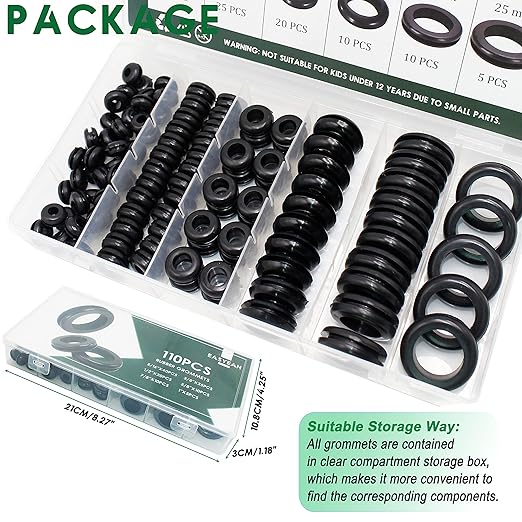 EASYEAH 110 Pcs Rubber Grommets for Wiring - Rubber Grommet Assortment Kit 6 Sizes 5/16 3/8 1/2 5/8 7/8 1 Inch, Cable Hole Plug Firewall Automotive Wire Grommets Set for Sheet Metal, Hardware Repair