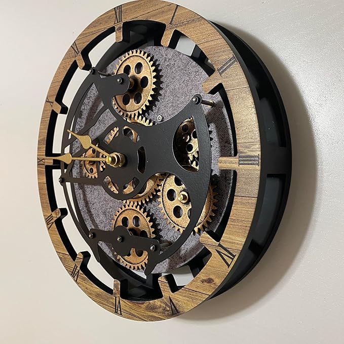 ImprovingLife Desk Clock 10 inches with Real Moving Gears Convertible into Wall Clock (Brown and Grey)