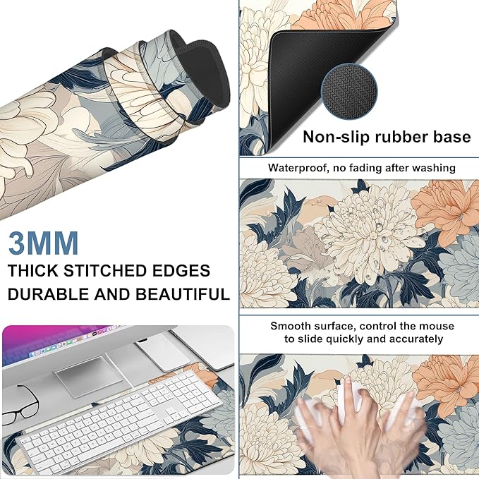 NITAHHHY Beautiful Chrysanthemum Gaming Mouse Pad 3mm Thick Stitched Edge Waterproof Non-slip Large Computer Keyboard Mouse Mat,Suitable for Office Entertainment Decorative Desk Pad 35.4 x 15.7 Inches