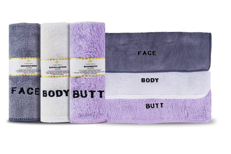 Crafty Cloth 6-Piece Washcloth Set – Face, Body, Butt Cloths | 3 Distinct Textures | Ultra-Soft, Rigid Exfoliation, and Hygiene Cloths for Sensitive Areas (Gray,White,Purple, Embroidered 6-Piece Set)