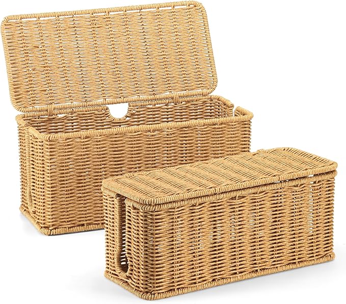 ZhiYo Rattan Cable Management Box, Brown Desk Cord Organizer, 2 Pack (M&L)