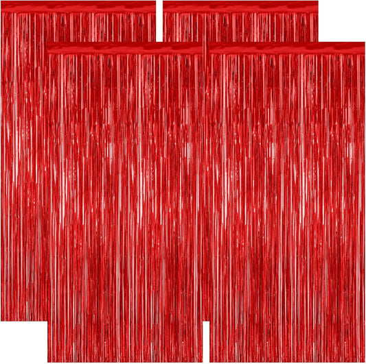 Regine Switzerland Red Backdrop - 4 Pack Metallic Foil Fringe Curtains | 3.28 FT x 7.05 FT Party Decor