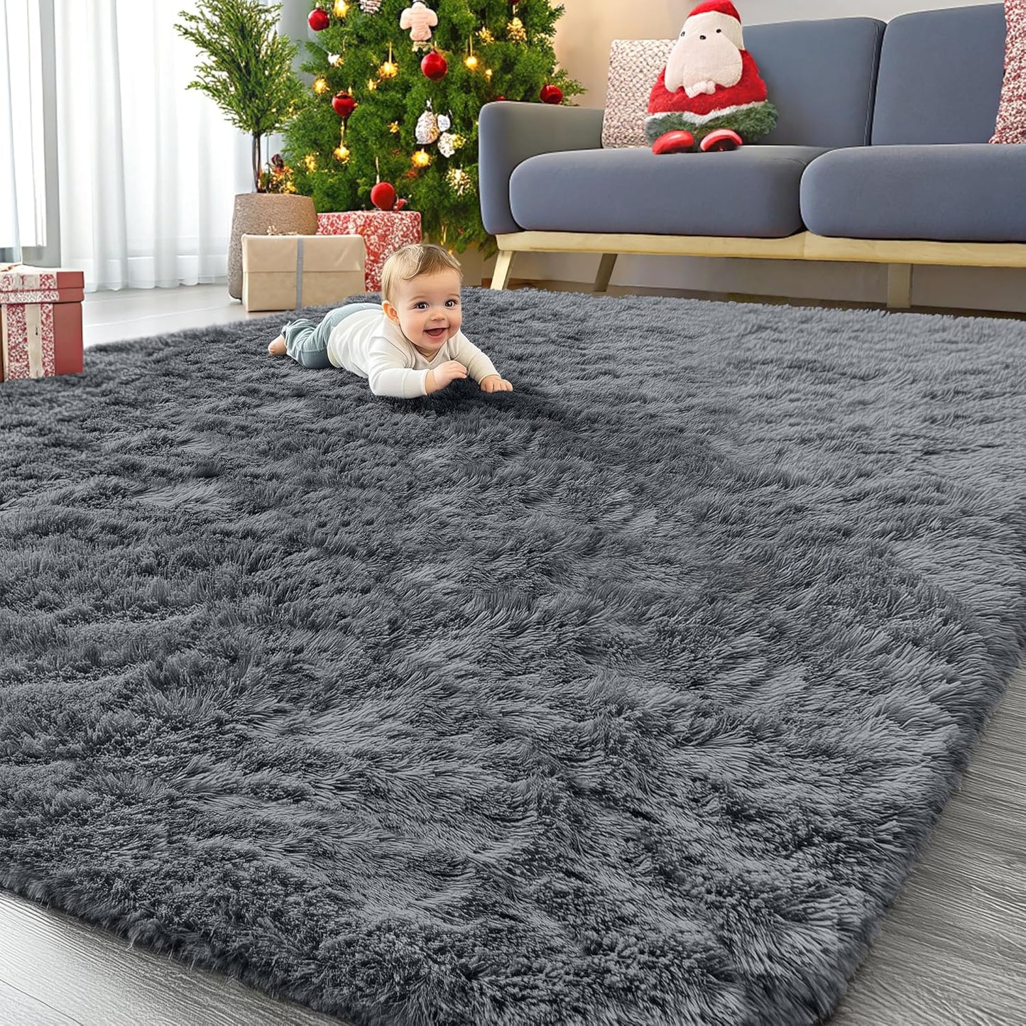 OLANLY Large Area Rug - Soft Fluffy Shaggy Indoor Carpet for Living Room & Bedroom | Grey 8x9 ft