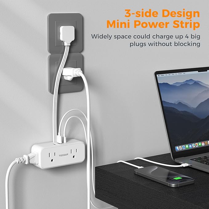 TESSAN Short Extension Cord 0.5Ft, Flat Plug Outlet Extender Surge Protector with 4 Widely AC with 3 USB Ports (1 USB C), Multi Plug Small Power Strip for Travel, Home, College Dorm Essentials, White