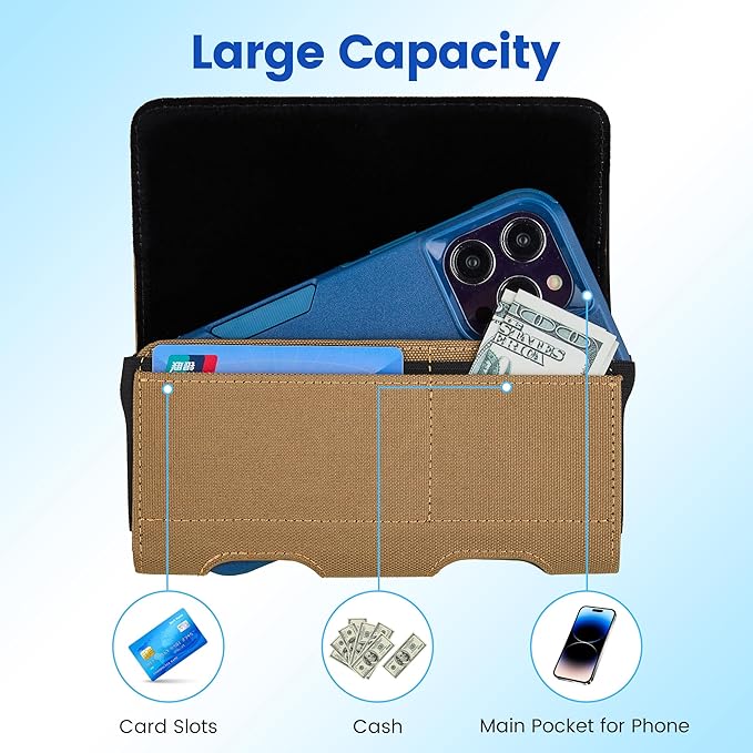 Mopaclle Nylon Phone Holster with Heavy Duty Metal Belt Clip and Card Holder, Compatible with iPhone 17/16/15/14/13/12 Pro and Samsung Galaxy S26/S25/S24/S23/S22/S21/S20 - Khaki