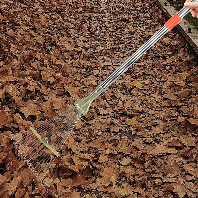 TIDTALEO Retractable Leaf Rake with 18 Stainless Steel Teeth, 80cm Telescopic Handle Lawn Tool for Garden and Yard Cleaning, Heavy Duty Small Lawn Rake for Leaves and Grass