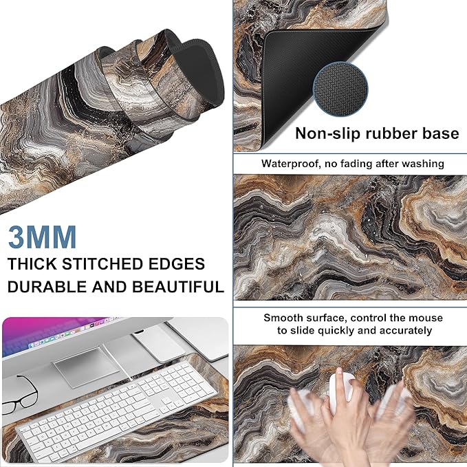NITAHHHY Large Mouse Pad Abstract Marble Gaming Desk Pad Computer Keyboard Non-Slip Waterproof Mouse Mat with Rubber Base and Stitched Edges Entertainment Office Writing Desk Mat 35.4 x 15.7 Inches