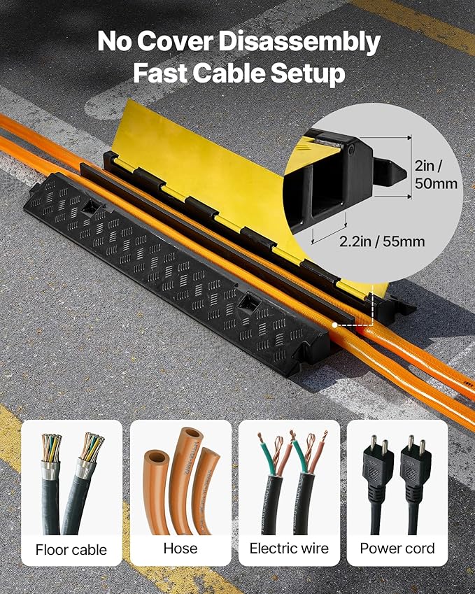 VEVOR Cable Protector Ramp, 2 Channel Heavy Duty 39.37'' Rubber Cord Hose Wire Cover, 2.2''W x 2''H Large Channel Size, Traffic Speed Bump with Flip-Open Top Cover, for Indoor Outdoor Use