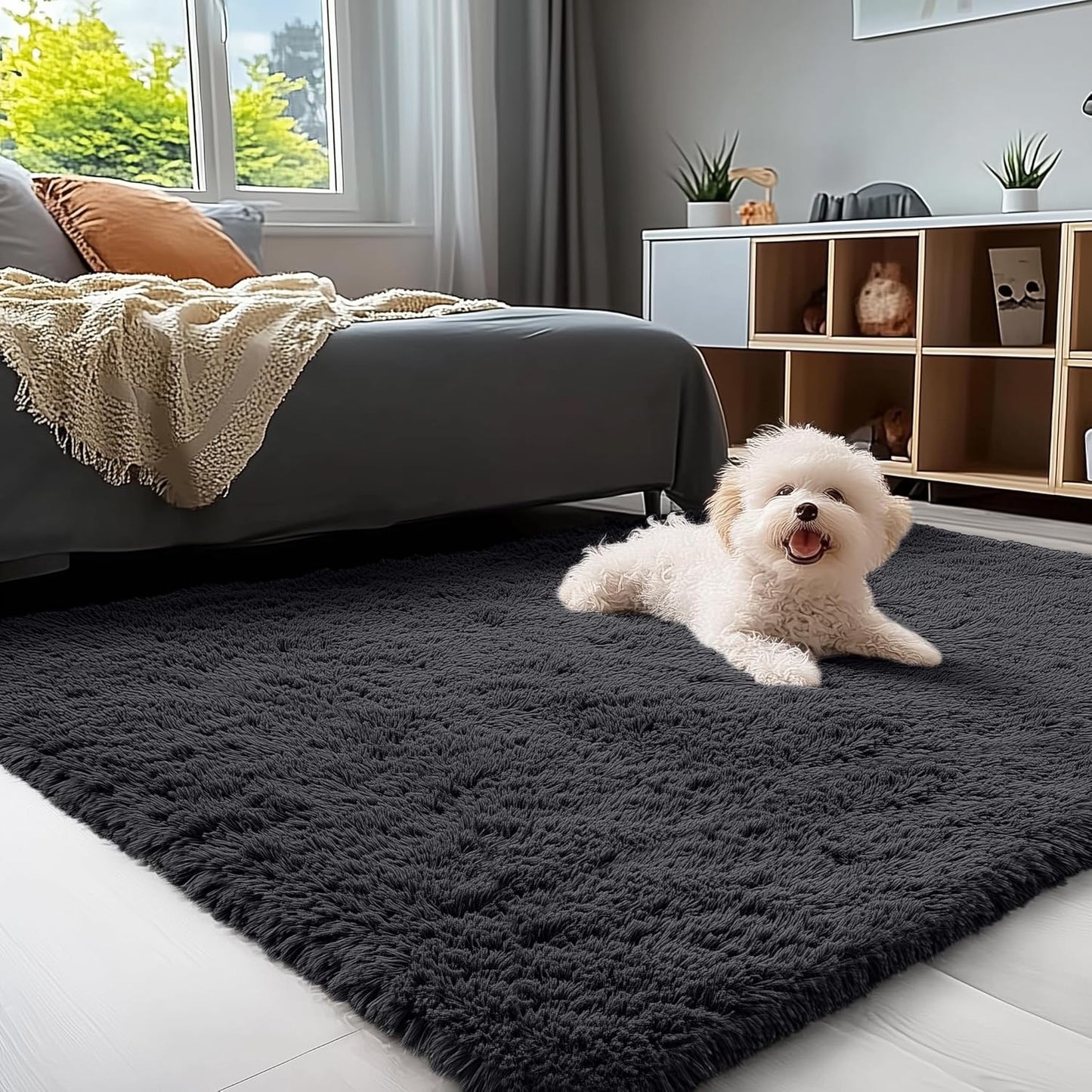 OLANLY Area Rugs - Soft Fluffy Shaggy Indoor Carpet for Living Room & Bedroom | 4x8 Black Design