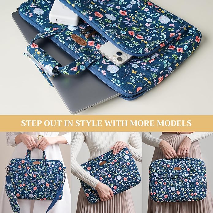 Maison d'Hermine Laptop Bag with Pocket Upto 13.5 inch Stain and Water Repellent Cotton Canvas Spring Summer (Just Floral - Blue)