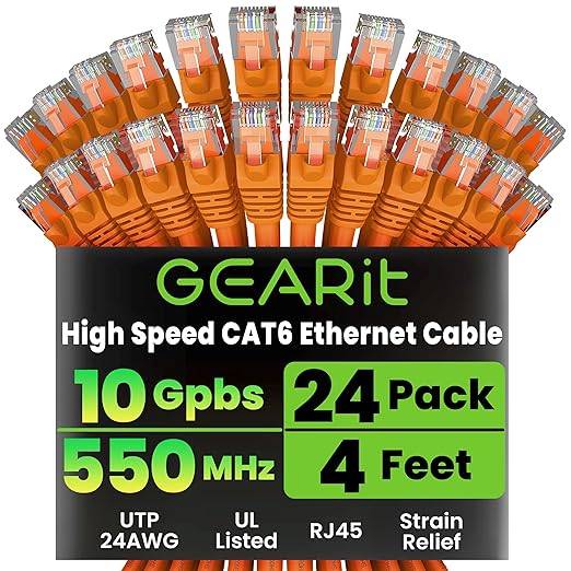 GEARit Cat 6 Ethernet Patch Cables 4 ft Orange (Cat 6 Ethernet Cables 4 ft 24-Pack), High Speed 24AWG 10Gbps RJ45 Snagless Gold-Plated, Ethernet Cable for Router, Switch, PC, PS5 Gaming, Server