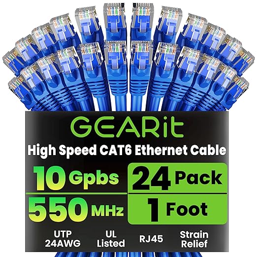 GEARit Cat 6 Patch Cables 1 ft Blue (24-Pack Cat6 Ethernet Patch Cables 1ft), Cat 6 High Speed 24AWG 10Gbps RJ45 Snagless Gold-Plated, Ethernet Cable for Router, Switch, PC, PS5 Gaming, Server