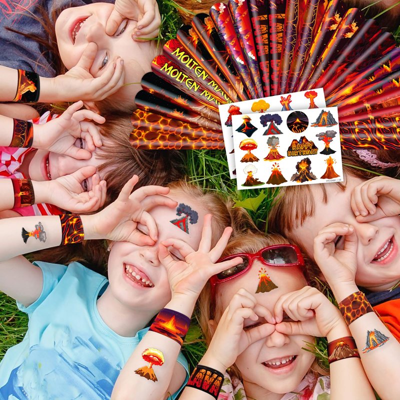 Cherisnowy 48PCS Volcano Party Set - 24PCS Temporary Tattoos & 24PCS Slap Bracelets - Fun Birthday Supplies, Baby Shower Gifts, Classroom Rewards & Volcano-Themed Decor for Kids (Boys & Girls)