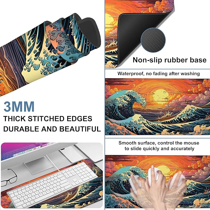 NITAHHHY Gaming Desk Pad Large Extra Length Japanese Blue Waves Mouse Pad Keyboard Laptop Non-Slip Waterproof with Rubber Base Thick Stitched Edge Mouse Mat for Office Home 35.4 x 15.7 Inches
