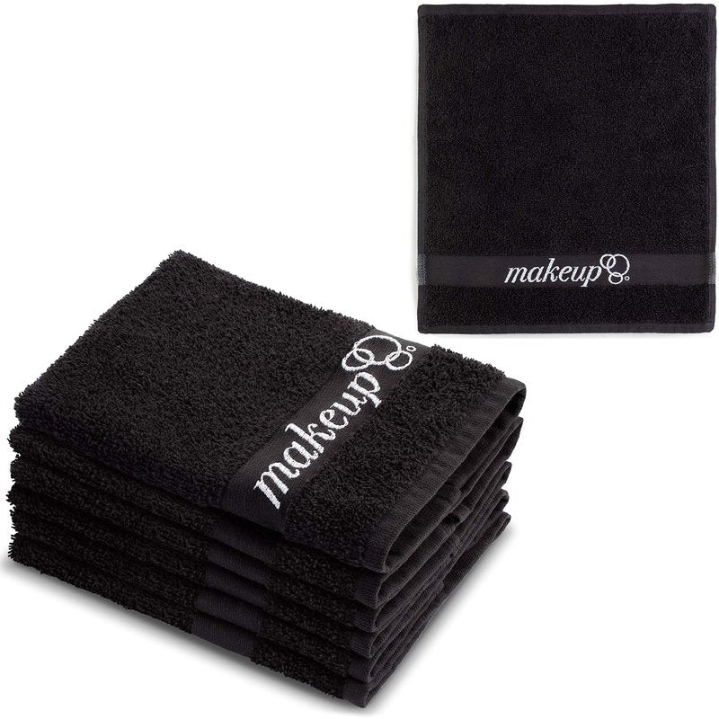 FABBPRO Black Makeup Remover Cloth Towels – Set of 6 Facial Makeup Eraser Towels 13" x 13" – Made in Turkey – Ultra Soft 100% Cotton – Chic Black Color – Beautiful Design – Gentle & Safe on Skin