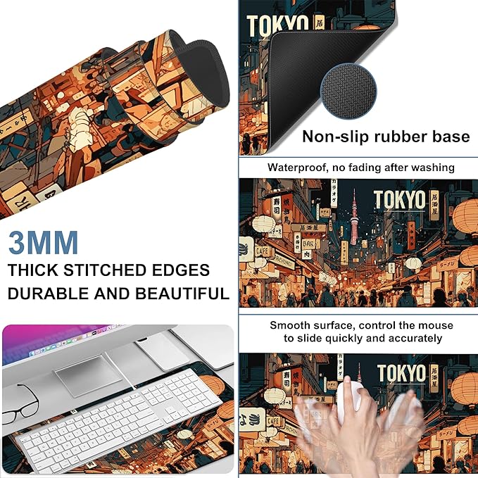 NITAHHHY Gaming Desk Pad Large Extra Length Tokyo Japan Mouse Pad Keyboard Laptop Non-Slip Waterproof with Rubber Base Thick Stitched Edge Mouse Mat for Office Home 35.4 x 15.7 Inches