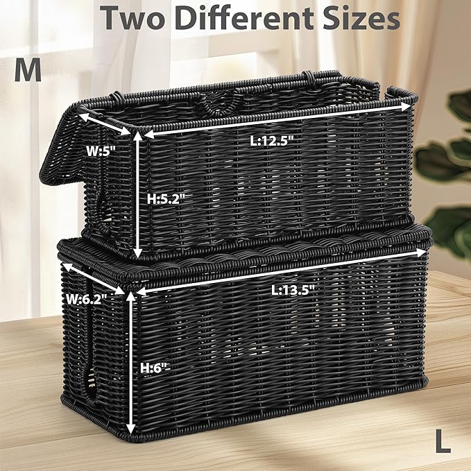 ZhiYo Rattan Cable Management Box, Black Desk Cord Organizer, 2 Pack (M&L)