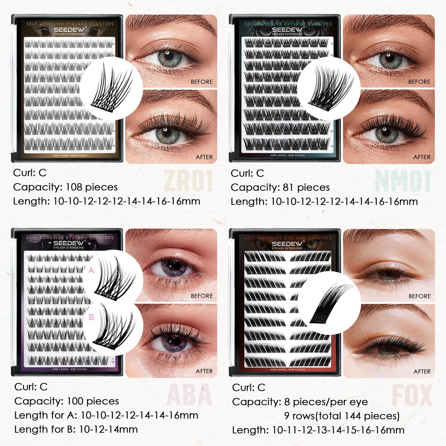 SEEDEW Lash Clusters, 100 Pieces DIY Eyelash Extensions, Individual Cluster Lashes, Super Thin Band, No Glue Needed Resuable Soft Natural Self Adhesive Lashes at Home(ABA-C Curl-MIX10-16mm-Black)