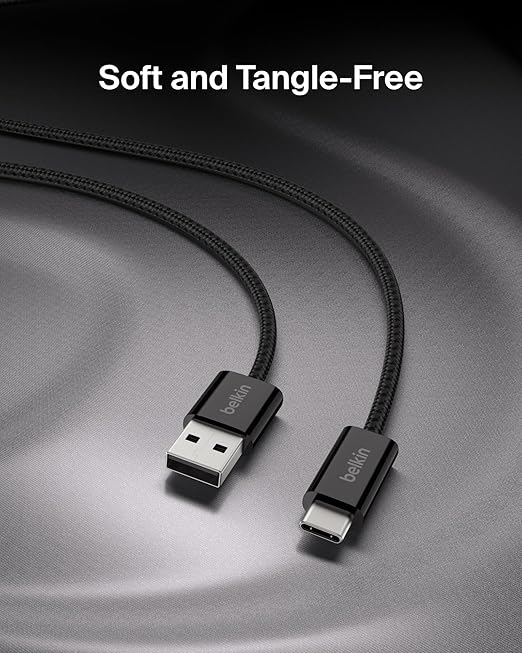 Belkin USB A to USB C Cable, 3.3ft, 15W - Type C Charger, iPhone Charger Cord, Soft, Braided, Flexible for iPhone 17 & 16, Galaxy S26, Pixel 10, iPad Pro, Airpods Pro, Switch & More - Black