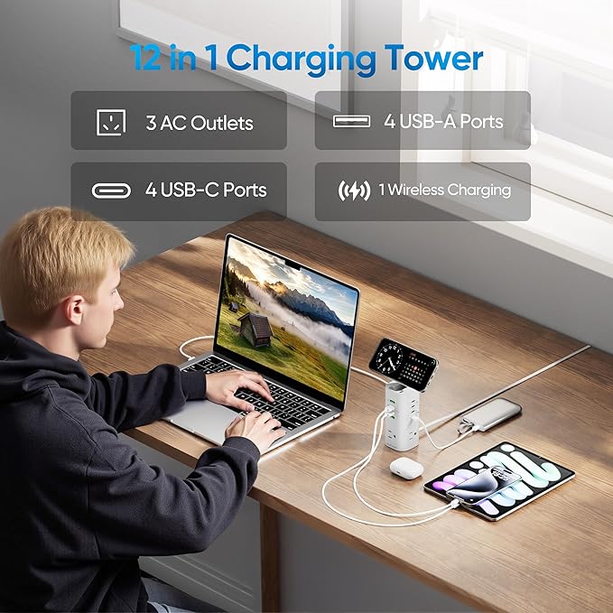 160W Fast Charging Station, TenTrend Tower Power Strip Surge Protector with 3 AC Outlets & 8 USB Ports (4 USB-C), 5 FT Flat Plug Extension Cord with Multiple Outlets for Home Office Dorm Room