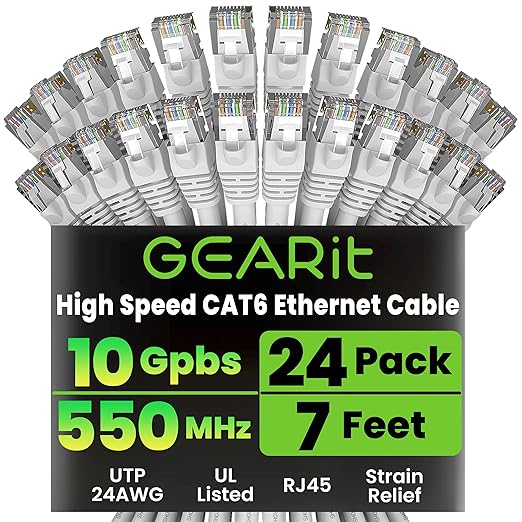 GEARit Cat 6 Ethernet Patch Cables 7 ft White (Cat 6 Ethernet Cables 7 ft 24-Pack), High Speed 24AWG 10Gbps RJ45 Snagless Gold-Plated, Ethernet Cable for Router, Switch, PC, PS5 Gaming, Server