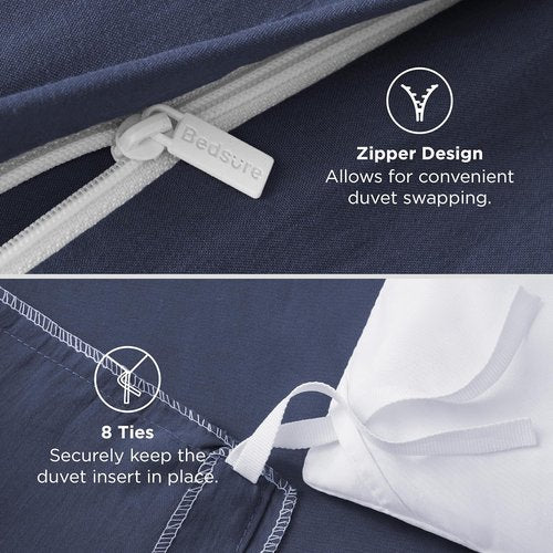 Bedsure Navy Blue Duvet Cover Set - Soft Prewashed Cotton-Like Polyester, King Size 3-Piece (104x90 Inches)