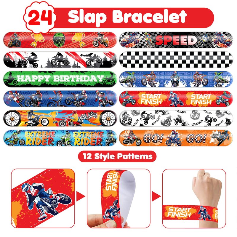 72 PCS Dirt Bike Party Favors - 48 Temporary Pre-Cut Tattoos & 24 Slap Bracelets - Fun Party Favors for Boys & Girls, Birthday Goodie Bag Fillers, Baby Shower Gifts, Classroom Rewards
